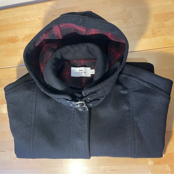 Coach New York Black Wool Blend w Black Leather Trim Hooded Cape - Picture 1 of 11